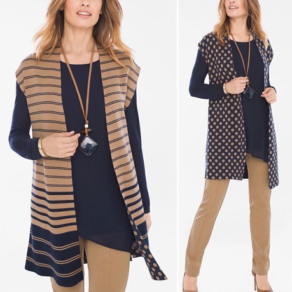Chico’s Dot-Striped Reversible Open Front Cardigan, Sz Medium